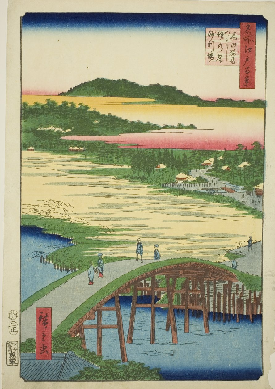 Most Sugatami, most Omokage a štěrková jáma v Takata (Takata Sugataminohashi Omokagenohashi jariba), ze série „Sto slavných pohledů na Edo (Meisho Edo hyakkei)“ od Utagawa Hiroshige
