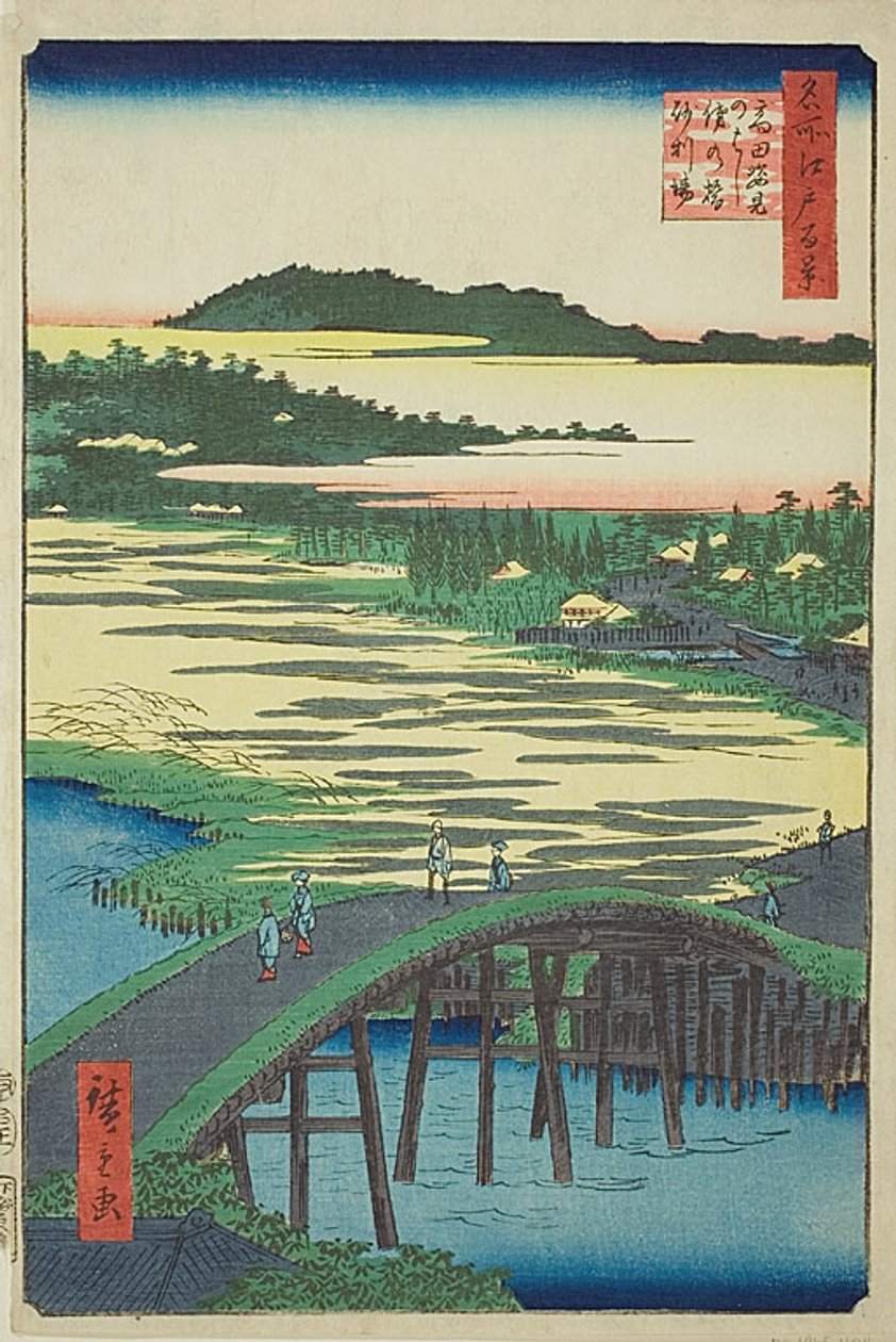 Most Sugatami, most Omokage a štěrkovna v Takatě (Takata Sugataminohashi Omokagenohashi jariba), č. 116 ze série "Sto slavných pohledů na Edo (Meisho Edo hyakkei)". od Utagawa Hiroshige
