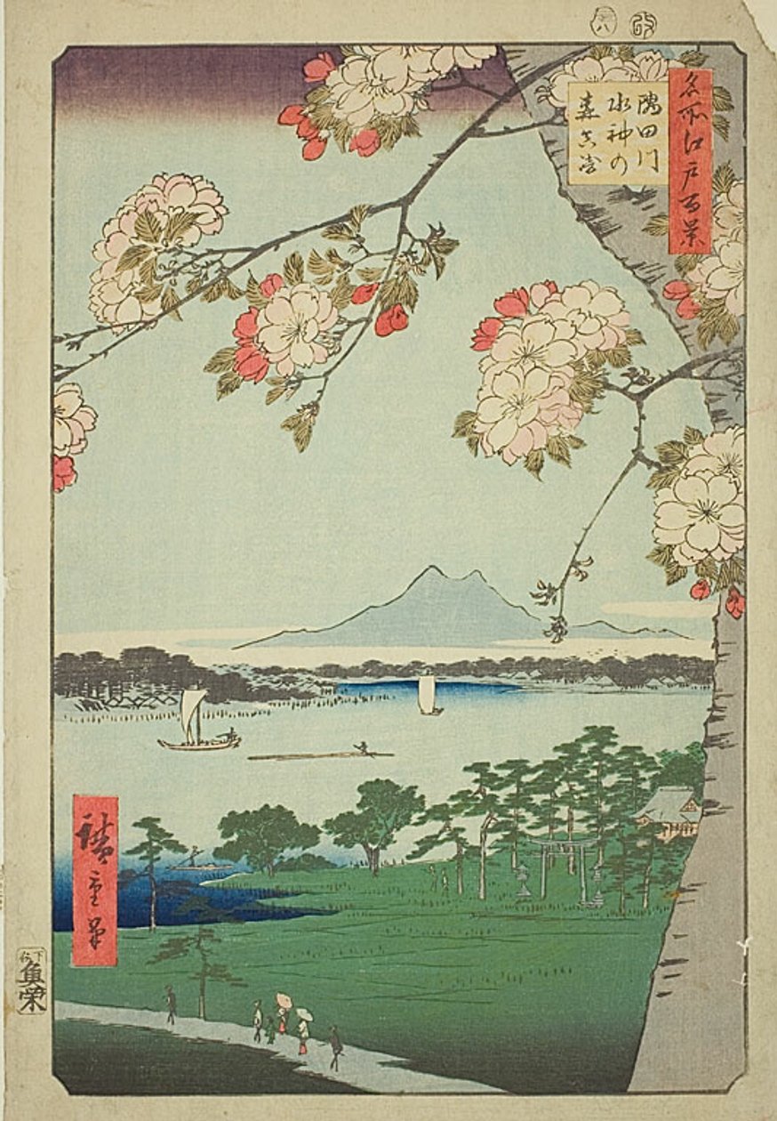 Svatyně Suidžin a Massaki na řece Sumidě (Sumidagawa Suidžin no mori Massaki), č. 35 ze série "Sto slavných pohledů na Edo (Meisho Edo hyakkei)". od Utagawa Hiroshige