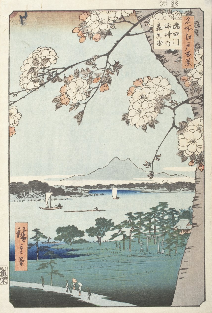 Svatyně Suidžin a Massaki na řece Sumidě od Utagawa Hiroshige