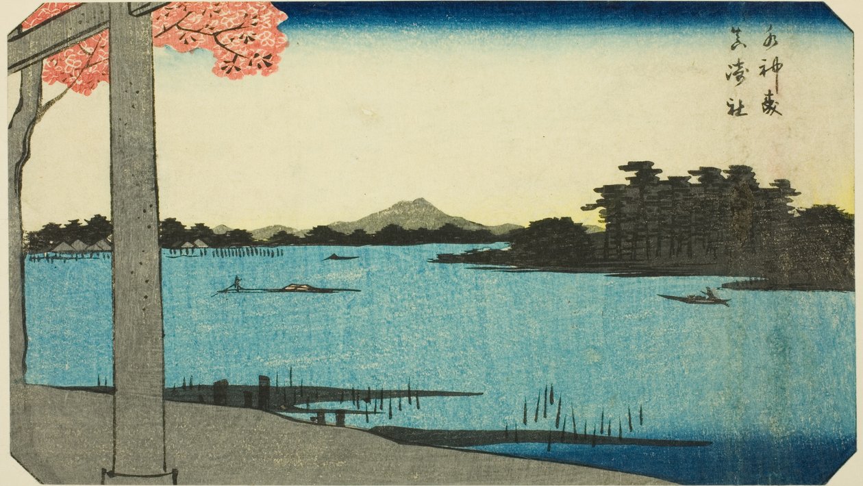 Suijin Woods a svatyně v Massaki (Suijin no mori, Massaki yashiro), část listu ze série "Vystřižené obrázky slavných míst v Edo (Edo meisho harimaze zue)" od Utagawa Hiroshige