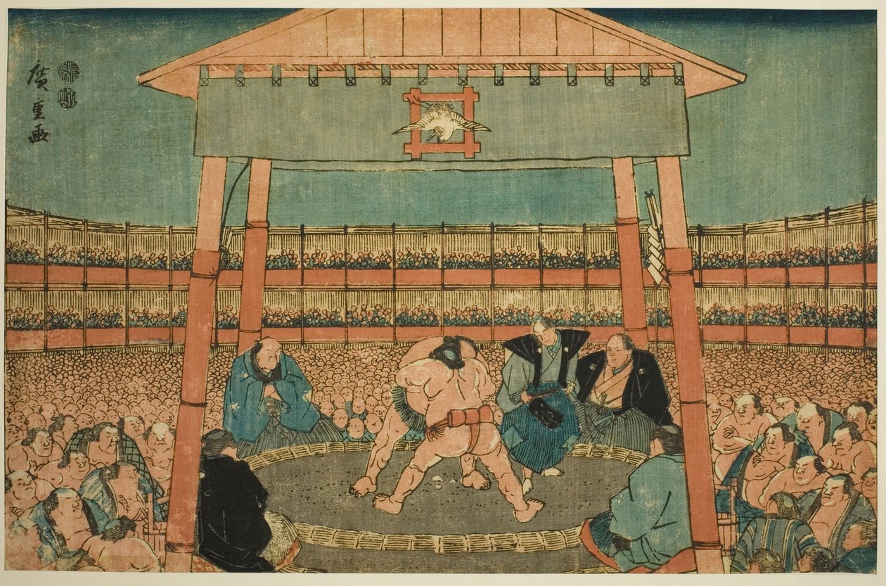 Sumo zápas v okrscích chrámu Ekoin (Ekoin keidai sumo no zu), ze série „Ryogoku ve východním hlavním městě (Toto Ryogoku)“ od Utagawa Hiroshige