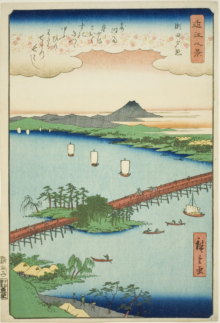 Sunset Glow at Seta (Seta Sekisho), ze série "Osm pohledů na Omi (Omi Hakkei)" od Utagawa Hiroshige