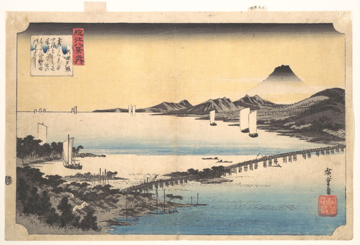 Západ slunce v Setě (Seta sekishō), ze série Osm pohledů na provincii Ōmi (Ōmi hakkei) od Utagawa Hiroshige