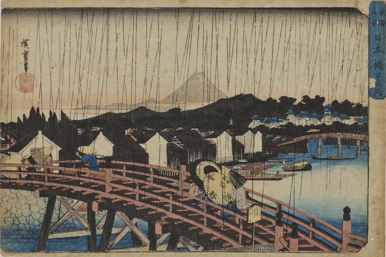 Sluneční přeháňka u mostu Nihonbashi ze série „Slavná místa východního hlavního města“ od Utagawa Hiroshige