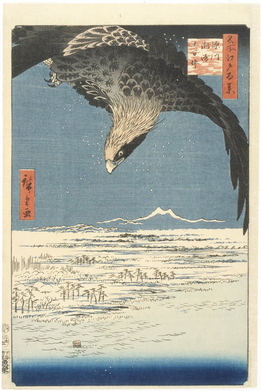 Susaki a planina Jmantsubo poblíž Fukagawy ze série Sto slavných pohledů na Edo, 1857 (barevný dřevotisk) od Utagawa Hiroshige