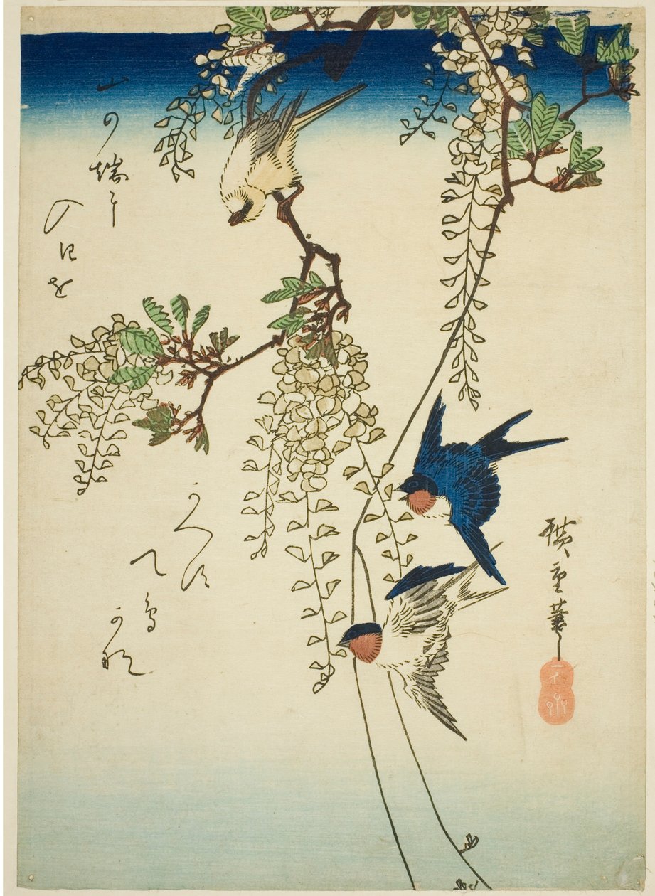 Vlaštovka, žlutý pták a vistárie od Utagawa Hiroshige