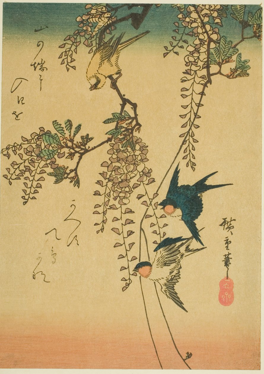 Vlaštovka, žlutý pták a vistárie od Utagawa Hiroshige