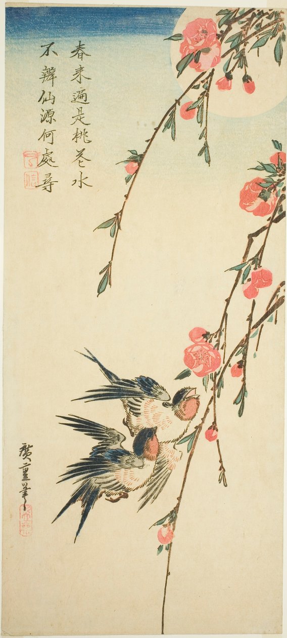 Vlaštovky, pleach květy a úplněk od Utagawa Hiroshige