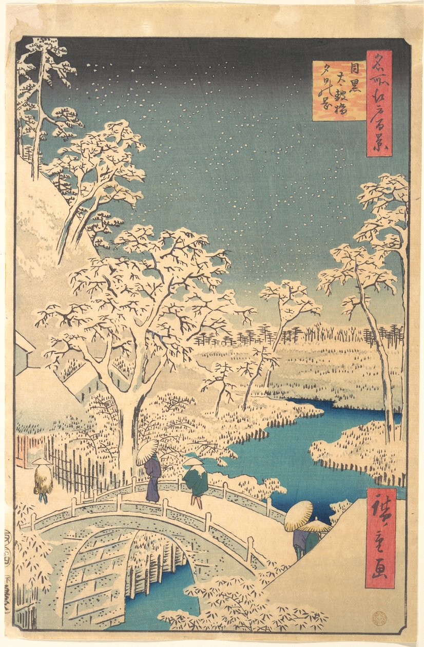 Most Taiko v Meguru za zasněženého večera od Utagawa Hiroshige
