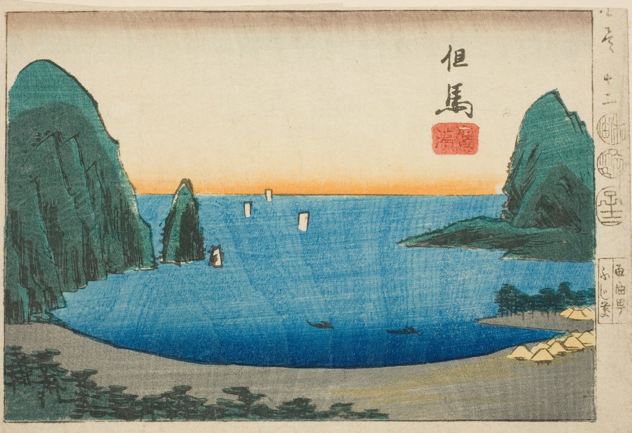 Takanohama v Tajimě, oddíl listu č. 12 ze série "Vystřižené obrázky provincií (Kunizukushi harimaze zue)" od Utagawa Hiroshige