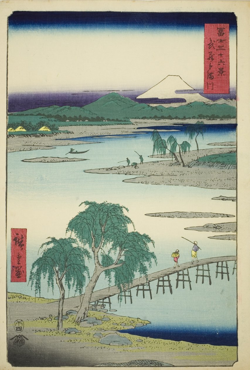 Řeka Tama v provincii Musashi (Musashi Tamagawa), ze série „Třicet šest pohledů na horu Fuji (Fuji sanjurokkei)“ od Utagawa Hiroshige