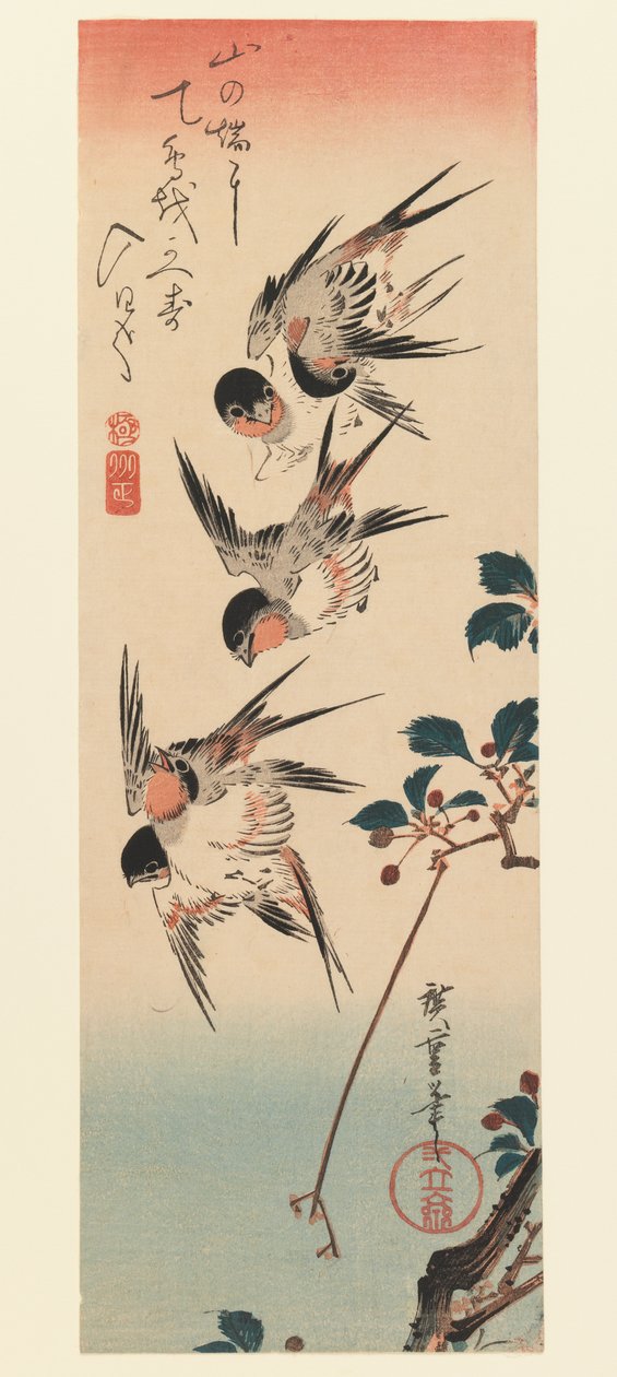 Tanzaku, Four Swallows, 1832 (barevný dřevotisk) od Utagawa Hiroshige