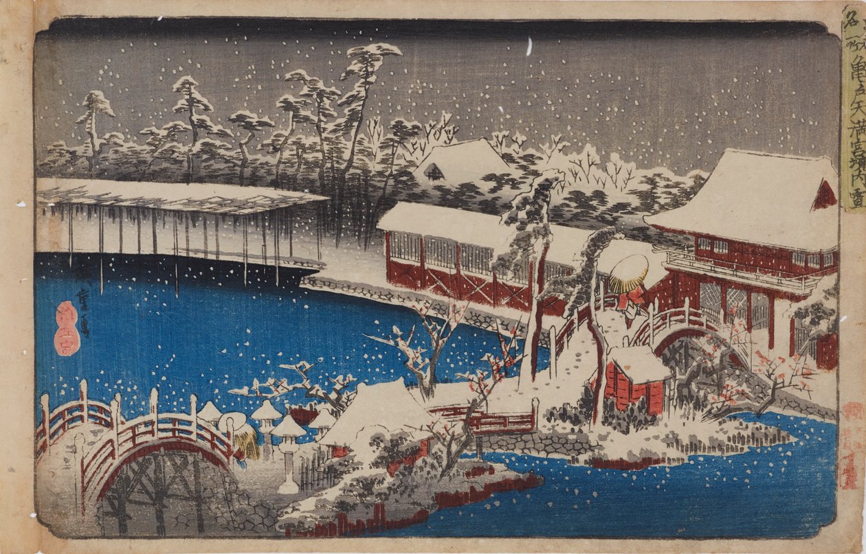 Svatyně Tenmangū v Kameidu ve sněhu ze série „Slavná místa východního hlavního města“ od Utagawa Hiroshige