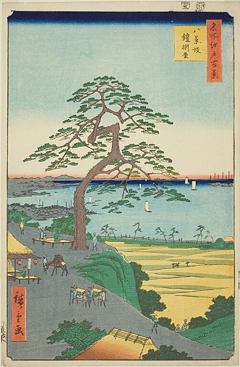 Borovice visící na brnění v Hakkeizace (Hakkeizaka Yoroikakematsu), č. 26 ze série "Sto slavných pohledů na Edo (Meisho Edo hyakkei)". od Utagawa Hiroshige