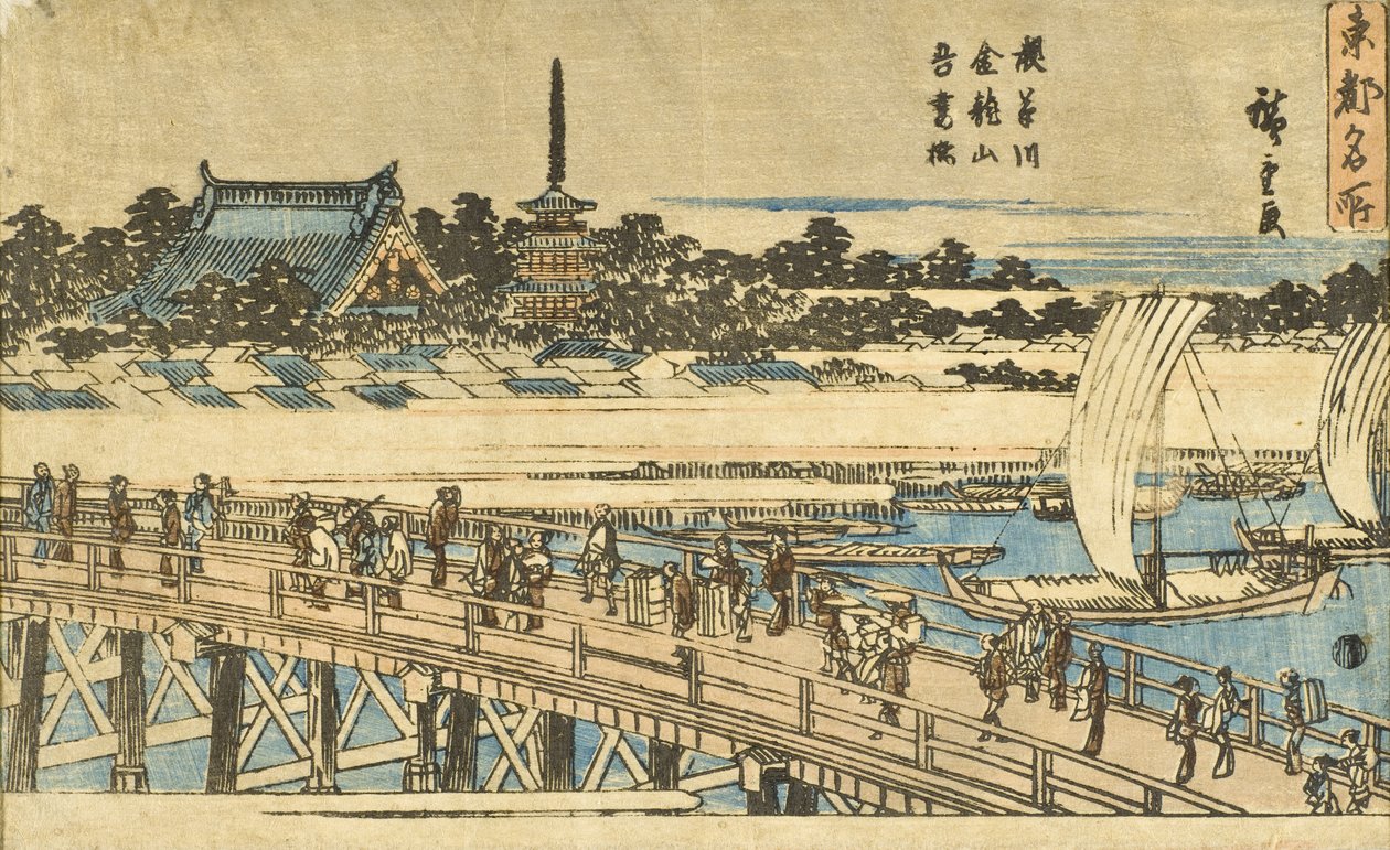 Řeka Asakusa, chrám Kinryūzan a most Azuma od Utagawa Hiroshige