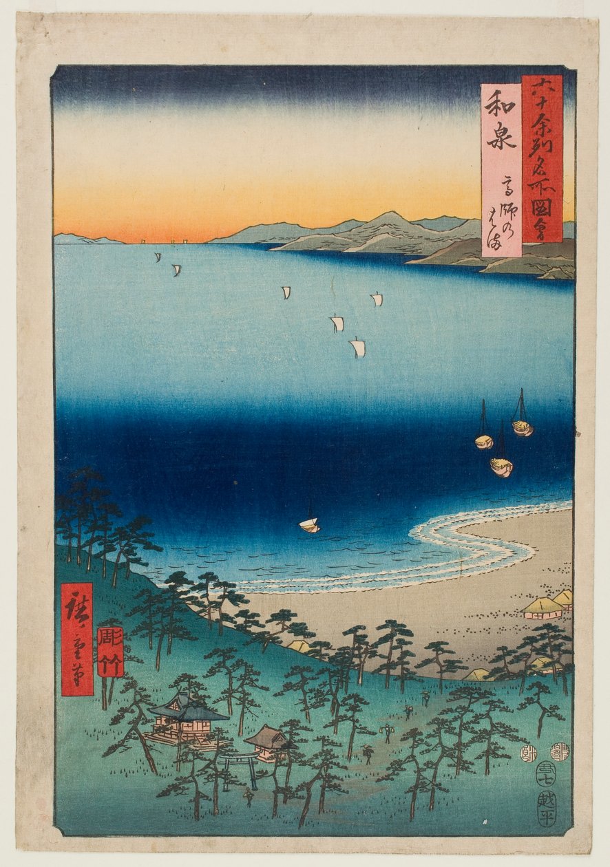 Pláž u Takashi v provincii Izumi, ze série „Slavná místa v šedesáti a něco provinciích“ od Utagawa Hiroshige