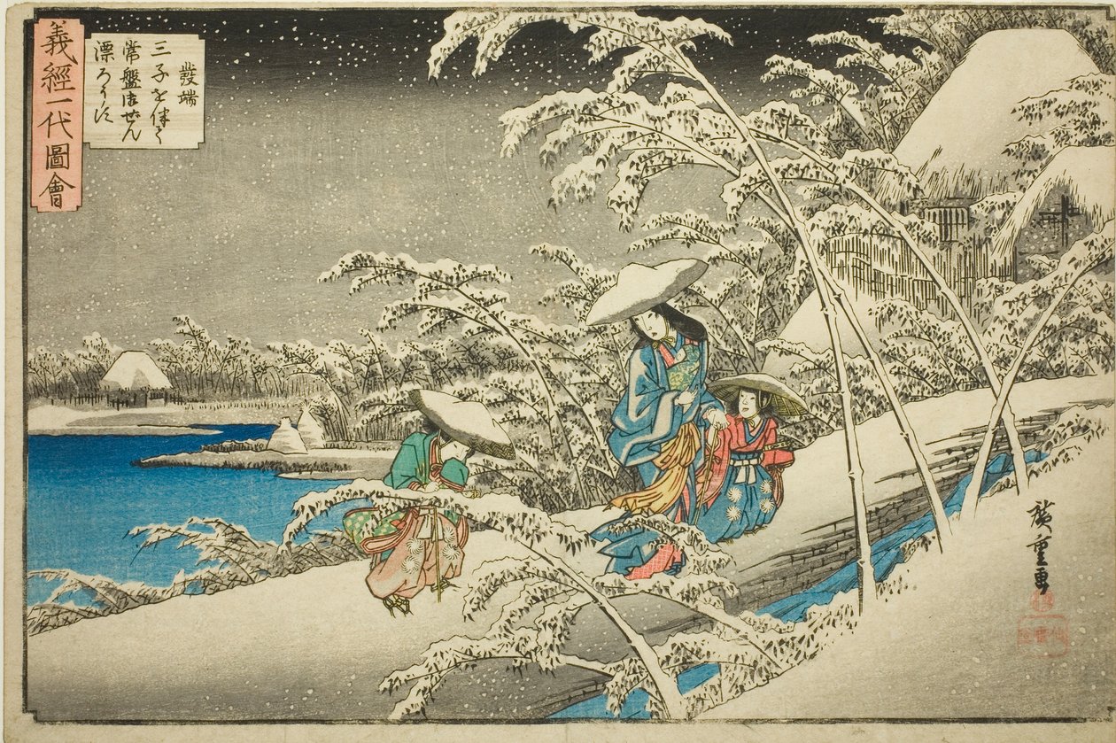 Počátek: Tokiwa Gozen prchající se svými třemi dětmi (Hattan, sanshi o tomonatte Tokiwa Gozen hyorosu), ze série "Život Yoshitsune (Yoshitsune ichidai zue)" od Utagawa Hiroshige