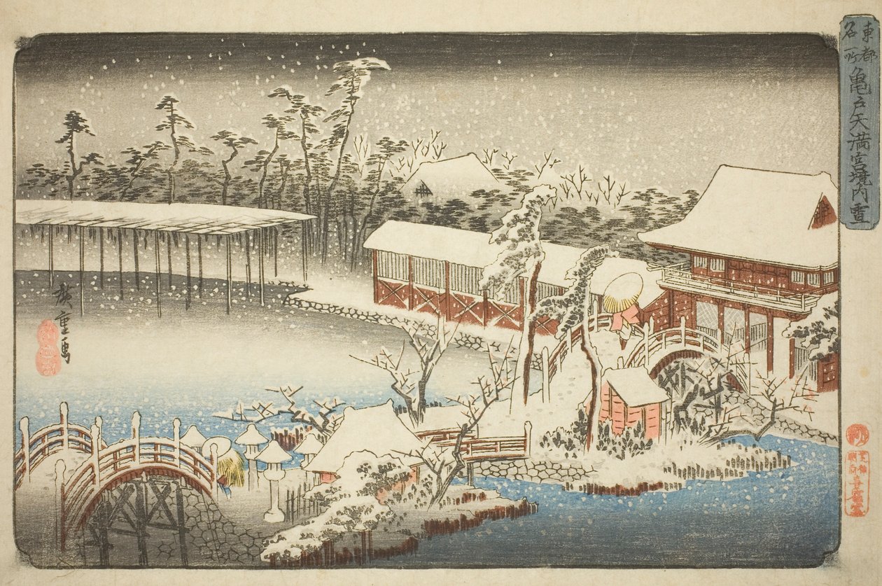Složení svatyně Tenman v Kameido ve sněhu (Kameido Tenmangu keidai no yuki), ze série „Slavná místa ve východním hlavním městě (Toto meisho)“ od Utagawa Hiroshige