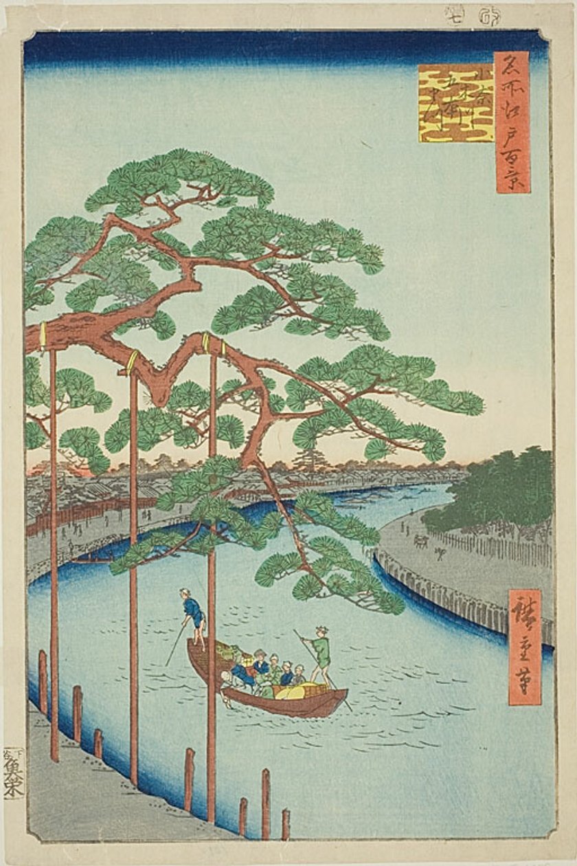 Pět borovic na řece Onagi (Onagigawa Gohonmatsu), č. 97 ze série "Sto slavných pohledů na Edo (Meisho Edo hyakkei)". od Utagawa Hiroshige