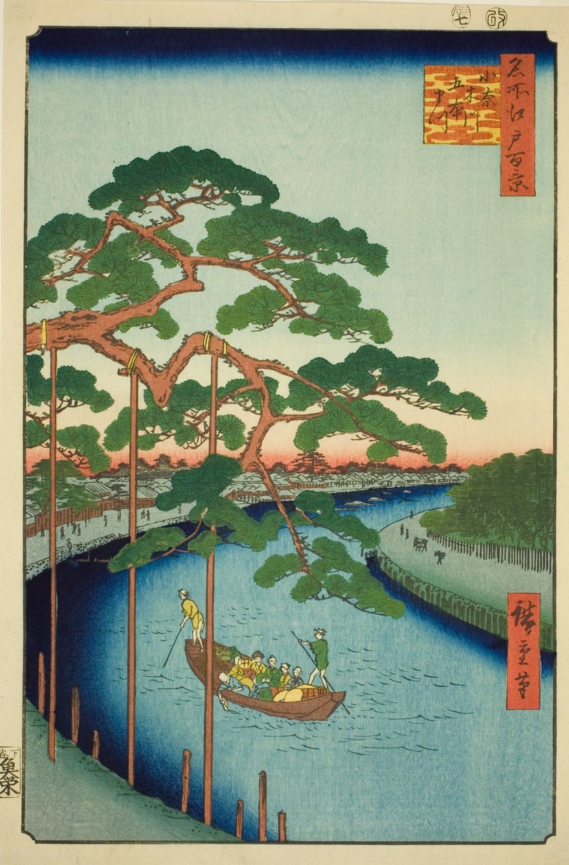 Pět borovic na řece Onagi (Onagigawa Gohonmatsu), ze série „Sto slavných pohledů na Edo (Meisho Edo hyakkei)“ od Utagawa Hiroshige