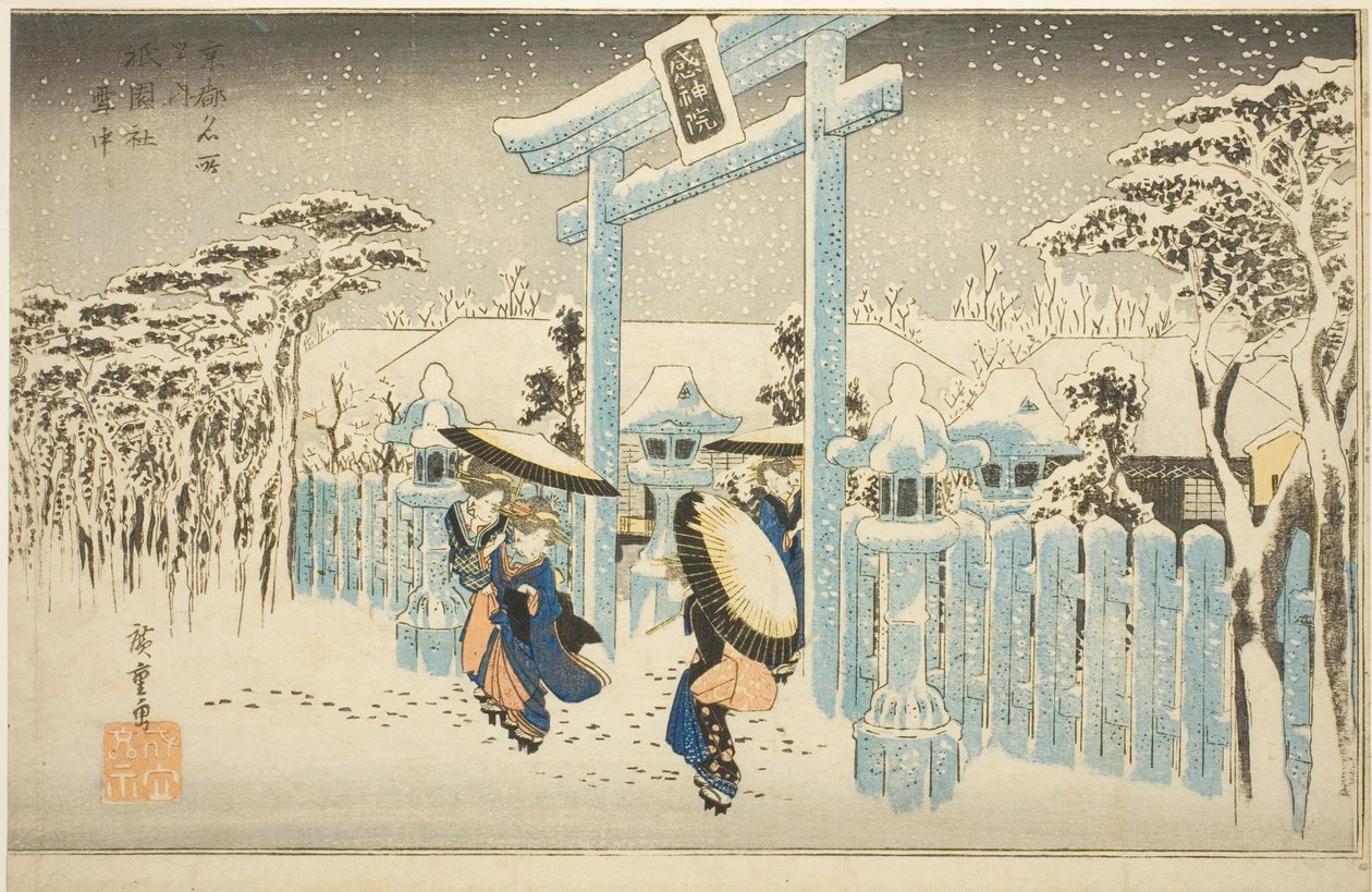 Gionský chrám ve sněhu (Gionsha setchu), ze série "Slavná místa v Kjótu (Kyoto meisho no uchi)" od Utagawa Hiroshige