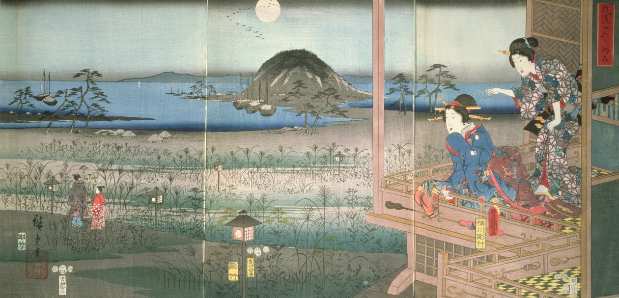 Lady Fujitsubo sleduje prince Genjiho odcházejícího v měsíčním světle, 1853, (barevný dřevořez) od Utagawa Hiroshige