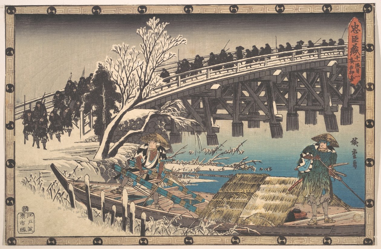 Věrný ronin překračuje Dlouhý most, aby se vydal na noční útok na Moronao od Utagawa Hiroshige