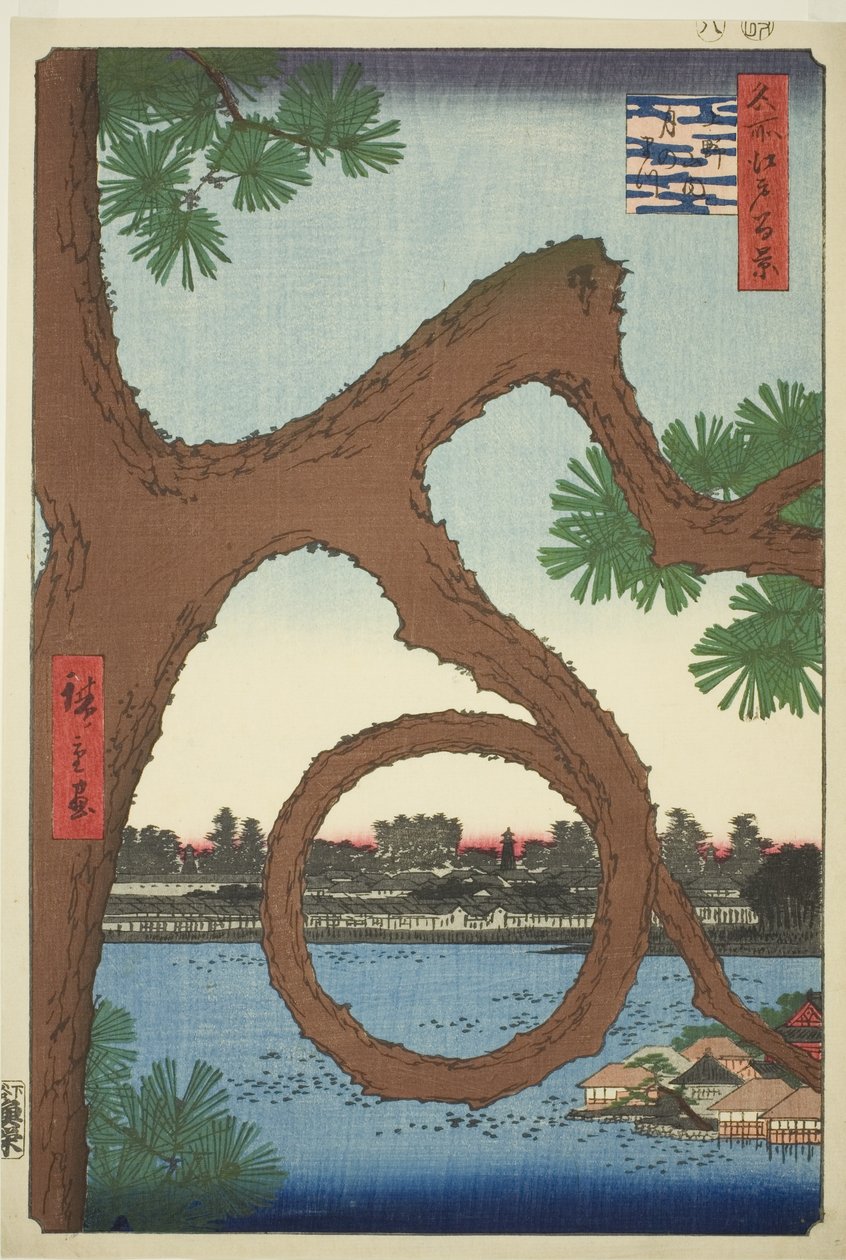 Měsíční borovice na pozemcích chrámu v Ueno (Ueno sannai Tsuki no matsu), ze série „Sto slavných pohledů na Edo (Meisho Edo hyakkei)“ od Utagawa Hiroshige