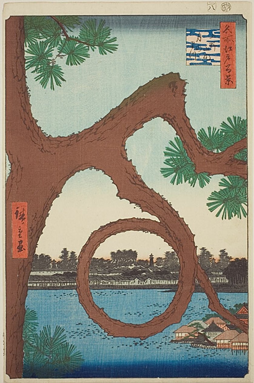 Měsíční borovice na chrámovém pozemku v Uenu (Ueno sannai Tsuki no matsu), ze série "Sto slavných pohledů na Edo (Meisho Edo hyakkei)". od Utagawa Hiroshige