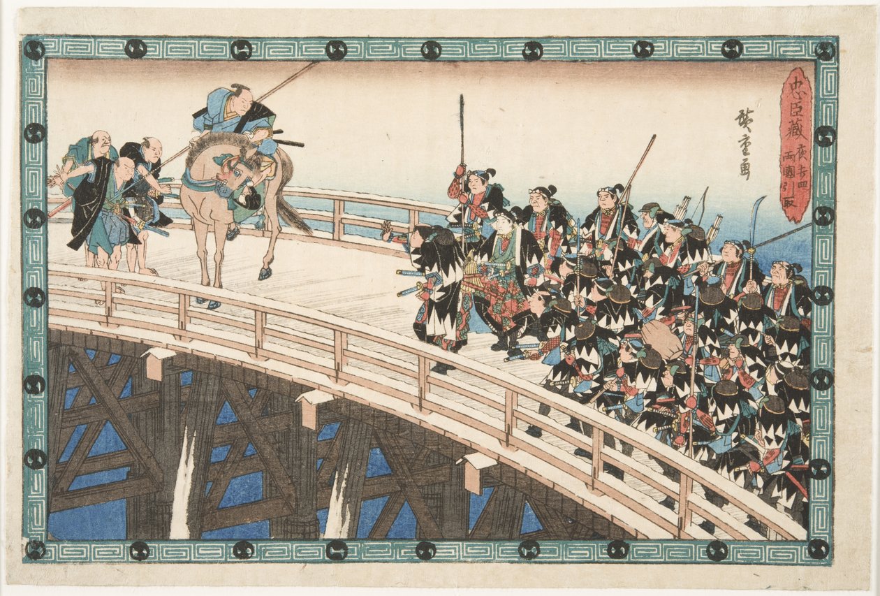Noční útok, čtvrtá epizoda (vlastně pátá): Ústup přes most Ryōgoku od Utagawa Hiroshige