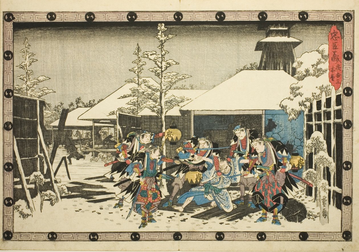 Noční útok, část 3: Mise splněna (Youchi san, honmo), ze série "Pomsta věrných zadržovatelů (Chushingura)" od Utagawa Hiroshige