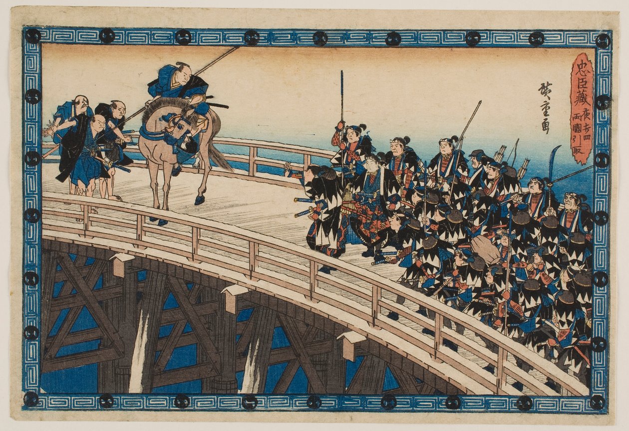 Noční útok, část 4: ústup přes most Ryōgoku, ze série „Skladiště věrných vazalů“ od Utagawa Hiroshige