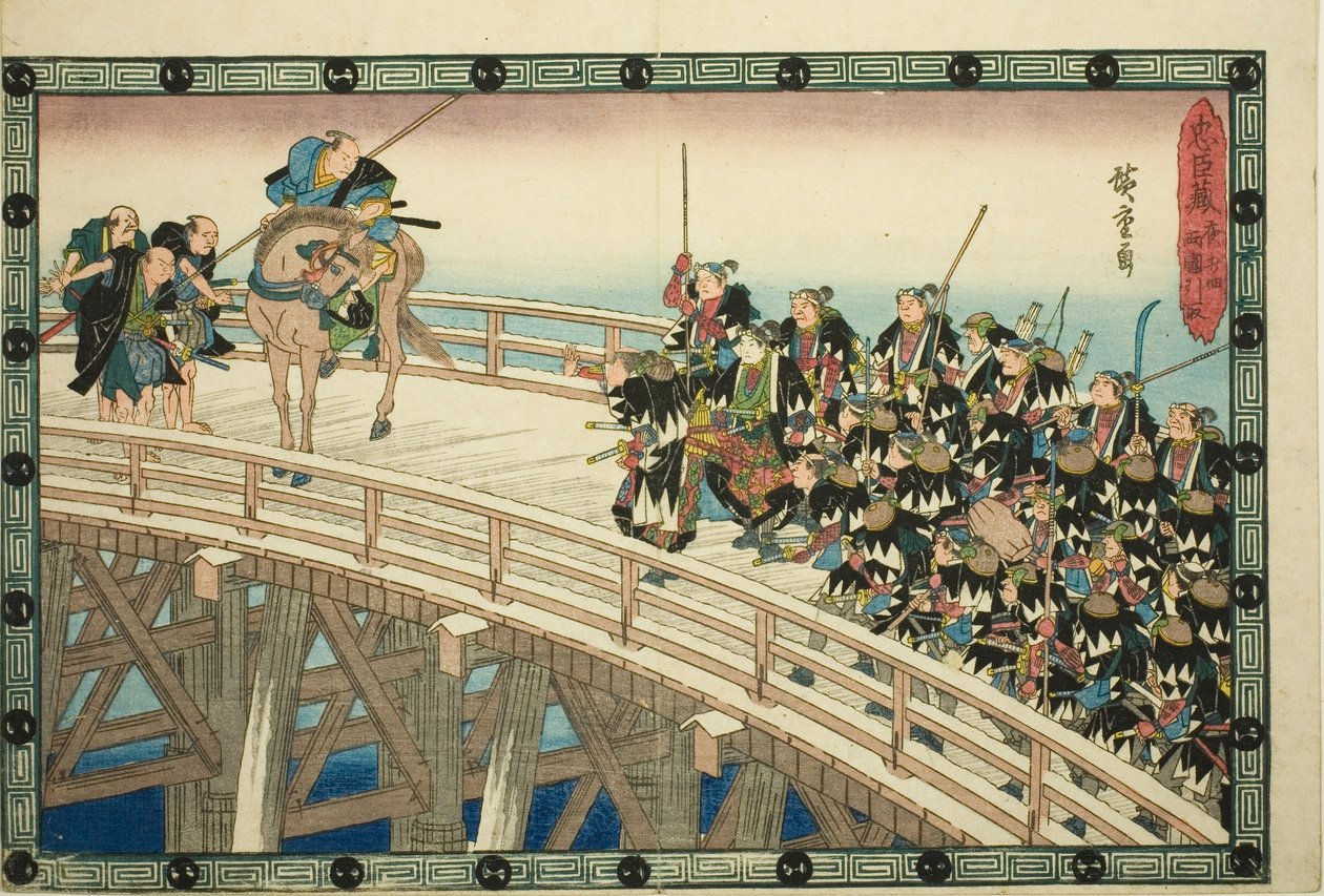 The Night Attack, Part 4 [sic; ve skutečnosti 5]: Ústup přes most Ryogoku (Youchi yon, Ryogoku hikitori), ze série "Pomsta věrných zadržovatelů (Chushingura)" od Utagawa Hiroshige