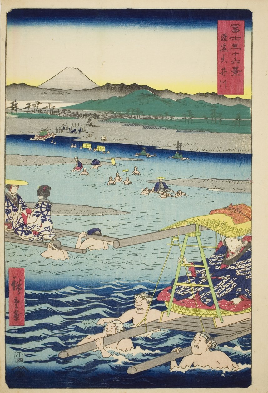 Řeka Oi mezi provinciemi Suruga a Totomi (Sun-En Oigawa), ze série „Třicet šest pohledů na horu Fuji (Fuji sanjurokkei)“ od Utagawa Hiroshige