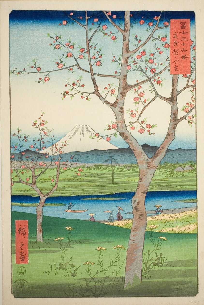 Předměstí Koshigaya v provincii Musashi (Musashi Koshigaya zai), ze série „Třicet šest pohledů na horu Fuji (Fuji sanjurokkei)“ od Utagawa Hiroshige