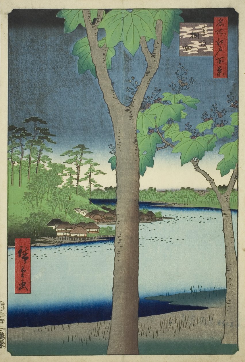 Te Paow nia Grove v Akasace (Akasaka Kirihata), ze seriálu „Hřeben pro dre d Fa net s pohledy na Edo (Sto slavných pohledů na Edo)“ od Utagawa Hiroshige