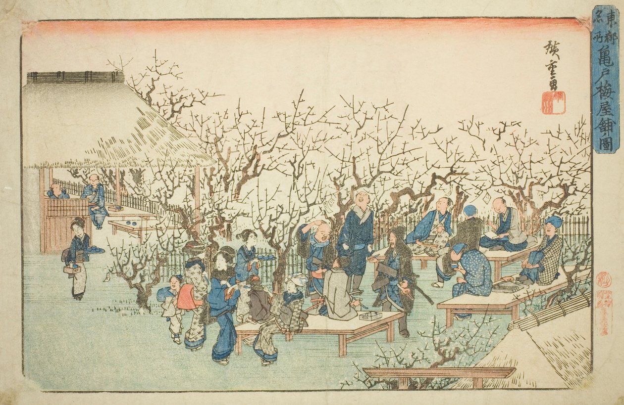 Švestková zahrada v Komeido (Kameido ume yashiki no zu), ze série „Slavná místa ve východním hlavním městě (Toto meisho)“ od Utagawa Hiroshige