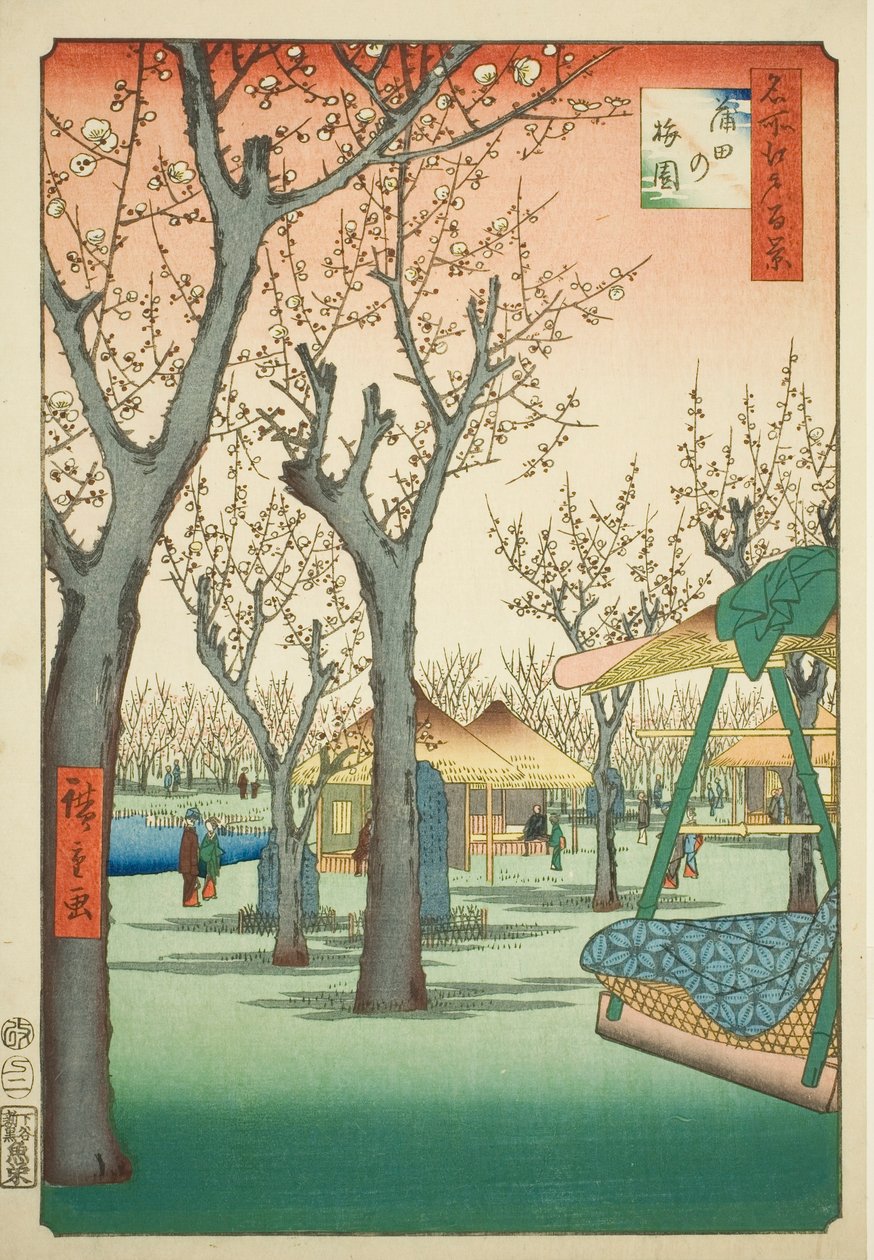 Švestkový sad v Kamatě (Kamata no umezono), č. 27 ze série "Sto slavných pohledů na Edo (Meisho Edo hyakkei)". od Utagawa Hiroshige