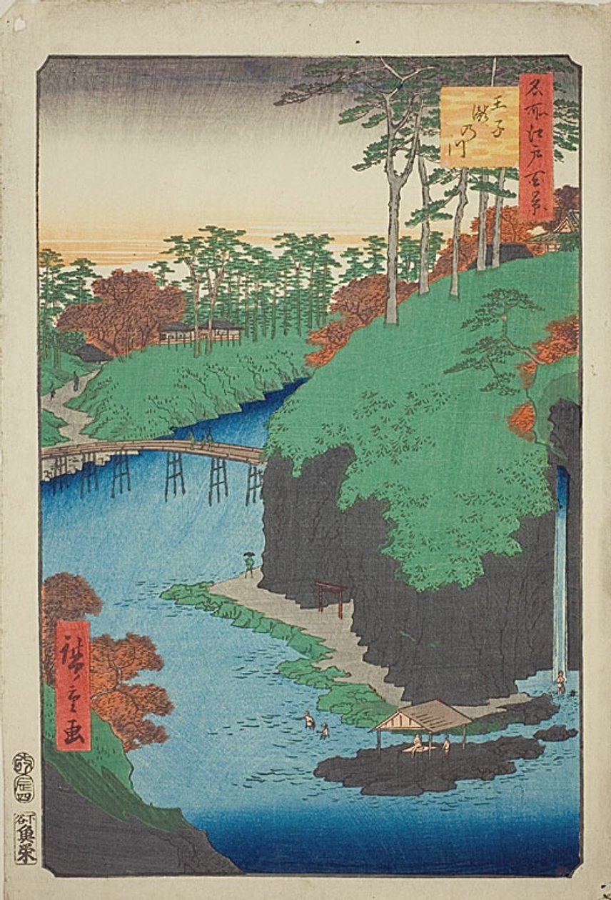 Řeka vodopádů v Oji (Oji Takinogawa), č. 88 ze série "Sto slavných pohledů na Edo (Meisho Edo hyakkei)". od Utagawa Hiroshige