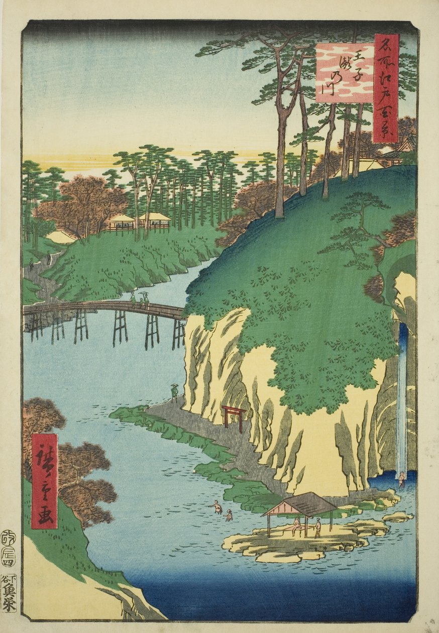 Řeka vodopádů v Oji (Oji Takinogawa), ze série „Sto slavných pohledů na Edo (Meisho Edo hyakkei)“ od Utagawa Hiroshige