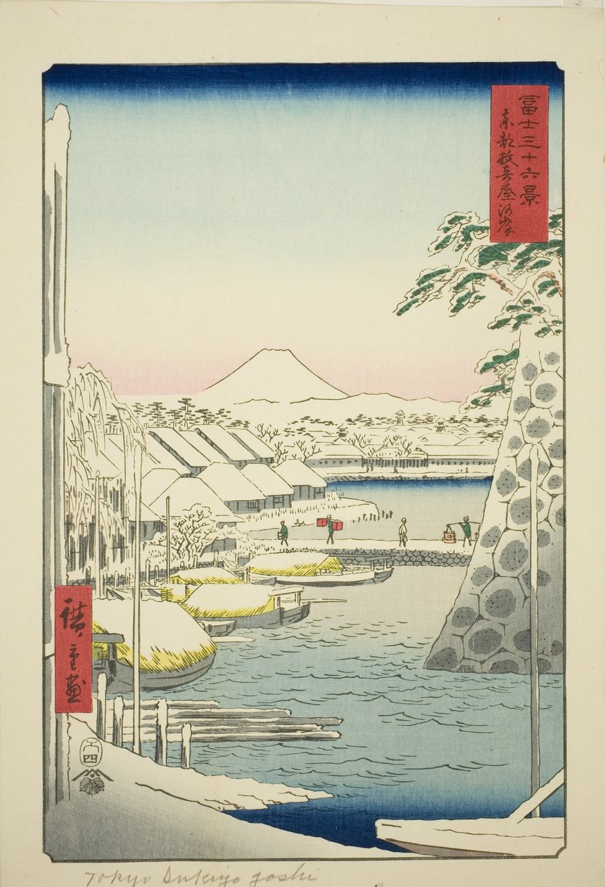 Břeh řeky Sukiya ve východním hlavním městě (Toto Sukiyagashi), ze série „Třicet šest pohledů na horu Fuji (Fuji sanjurokkei)“ od Utagawa Hiroshige
