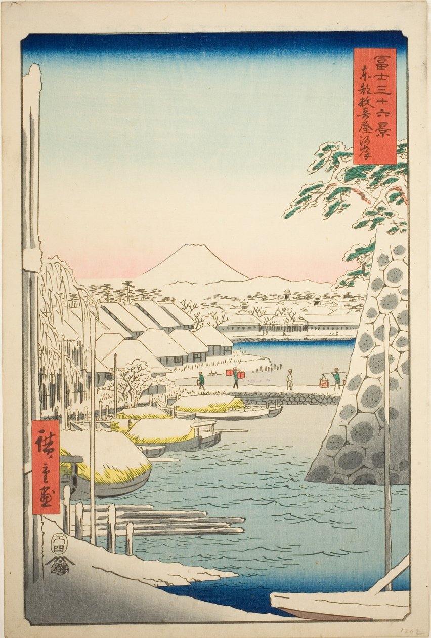 Břeh řeky Sukiya ve východním hlavním městě (Toto Sukiyagashi), ze série „Třicet šest pohledů na horu Fuji (Fuji sanjurokkei)“ od Utagawa Hiroshige