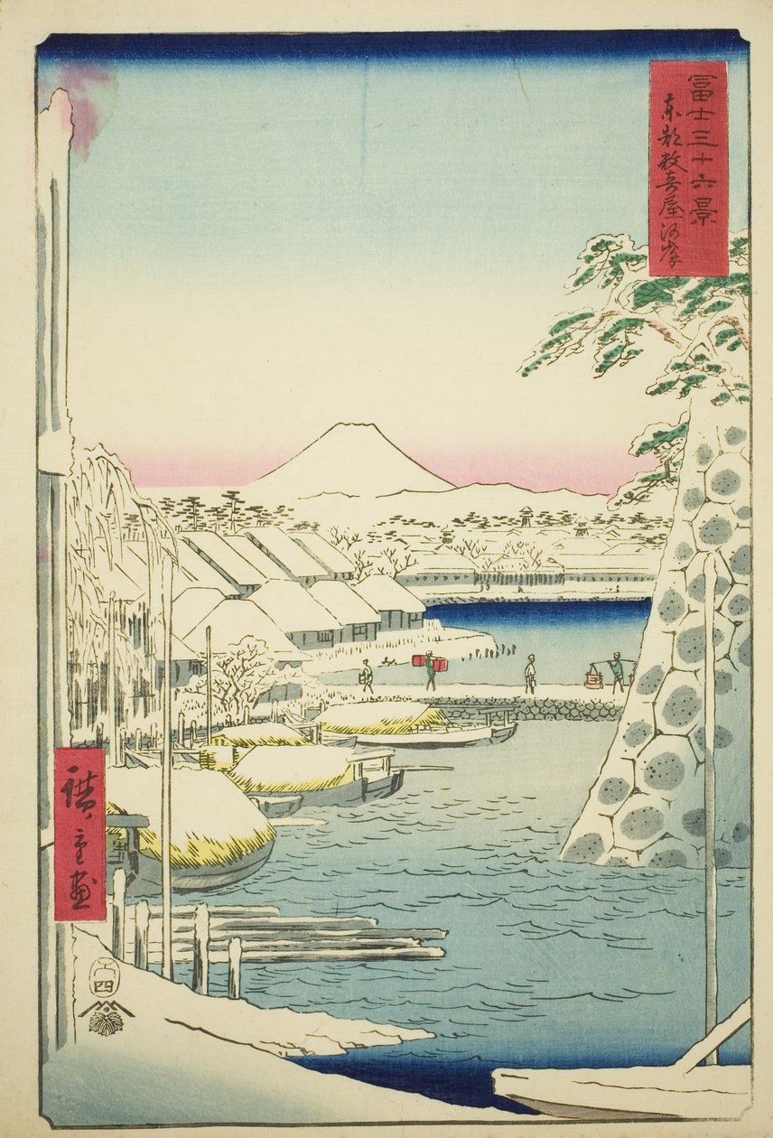 Břeh řeky Sukiya ve východním hlavním městě (Toto Sukiyagashi), ze série „Třicet šest pohledů na horu Fuji (Fuji sanjurokkei)“ od Utagawa Hiroshige