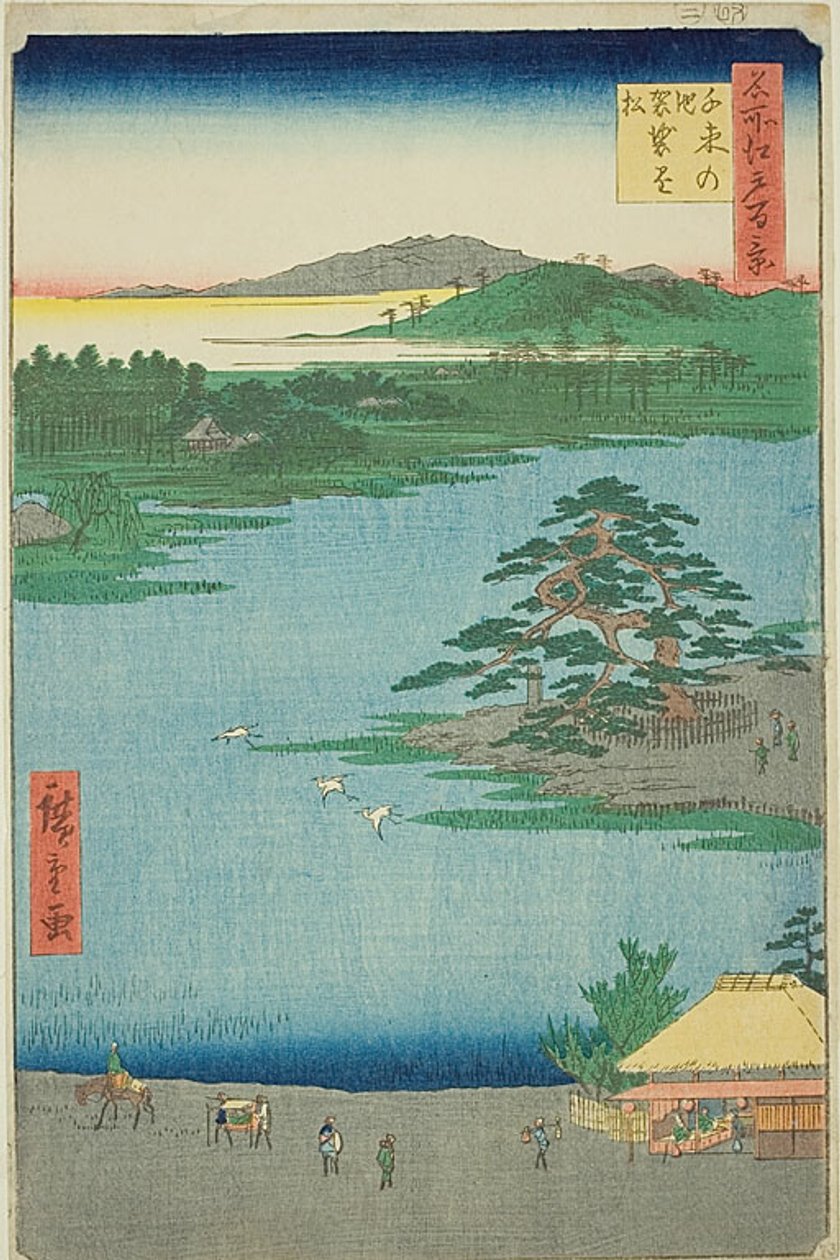 Borovice visící v rouchu u rybníka Senzoku (Senzoku no ike Kesakakematsu), č. 110 ze série "Sto slavných pohledů na Edo (Meisho Edo hyakkei)". od Utagawa Hiroshige