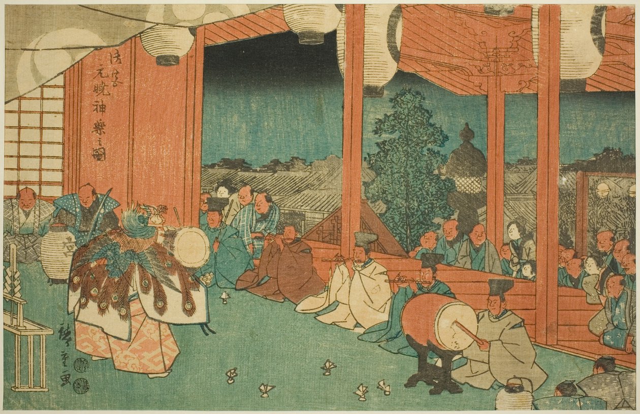 Posvátný tanec ve svatyni Shinmei v Shiba za úsvitu (Shiba Shinmei, Omiya gengyo kagura no zu), ze série „Slavná místa ve východním hlavním městě (Toto meisho)“ od Utagawa Hiroshige