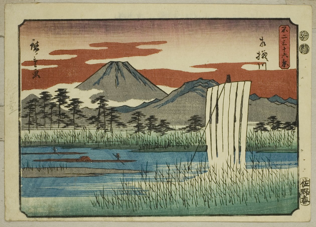 Řeka Sagami (Sagamigawa), ze série „Třicet šest pohledů na horu Fuji (Fuji sanjurokkei)“ od Utagawa Hiroshige
