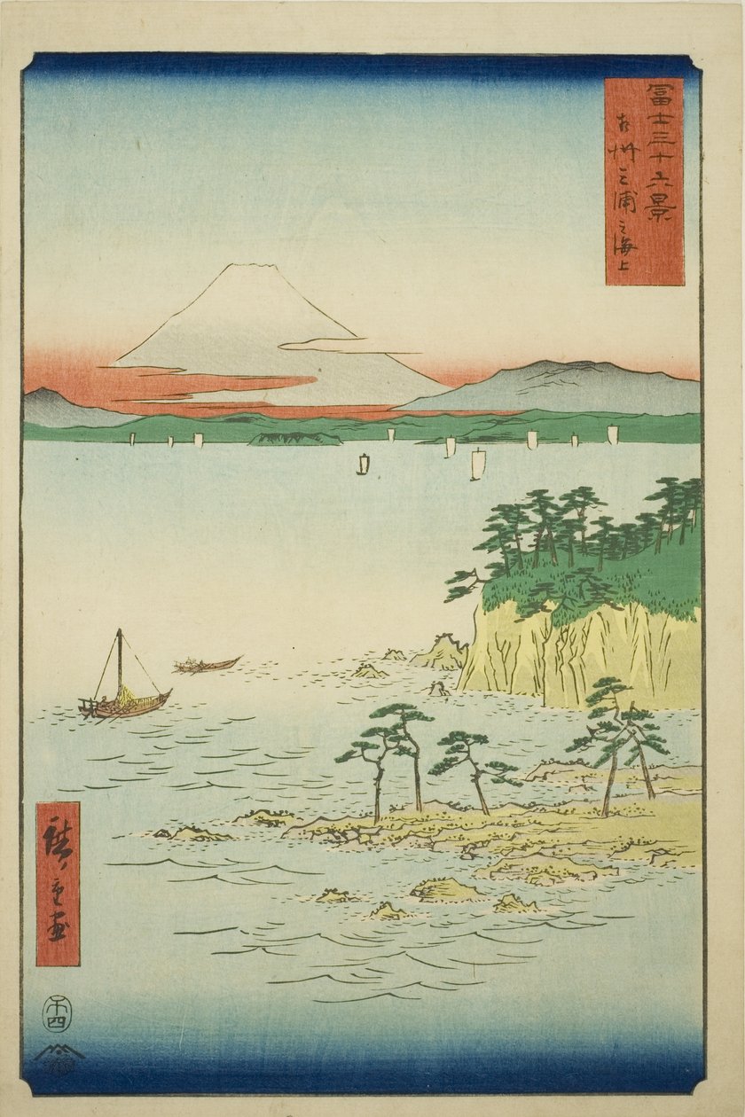 Moře v Miura v provincii Sagami (Soshu Miura no kaijo), ze série „Třicet šest pohledů na horu Fuji (Fuji sanjurokkei)“ od Utagawa Hiroshige