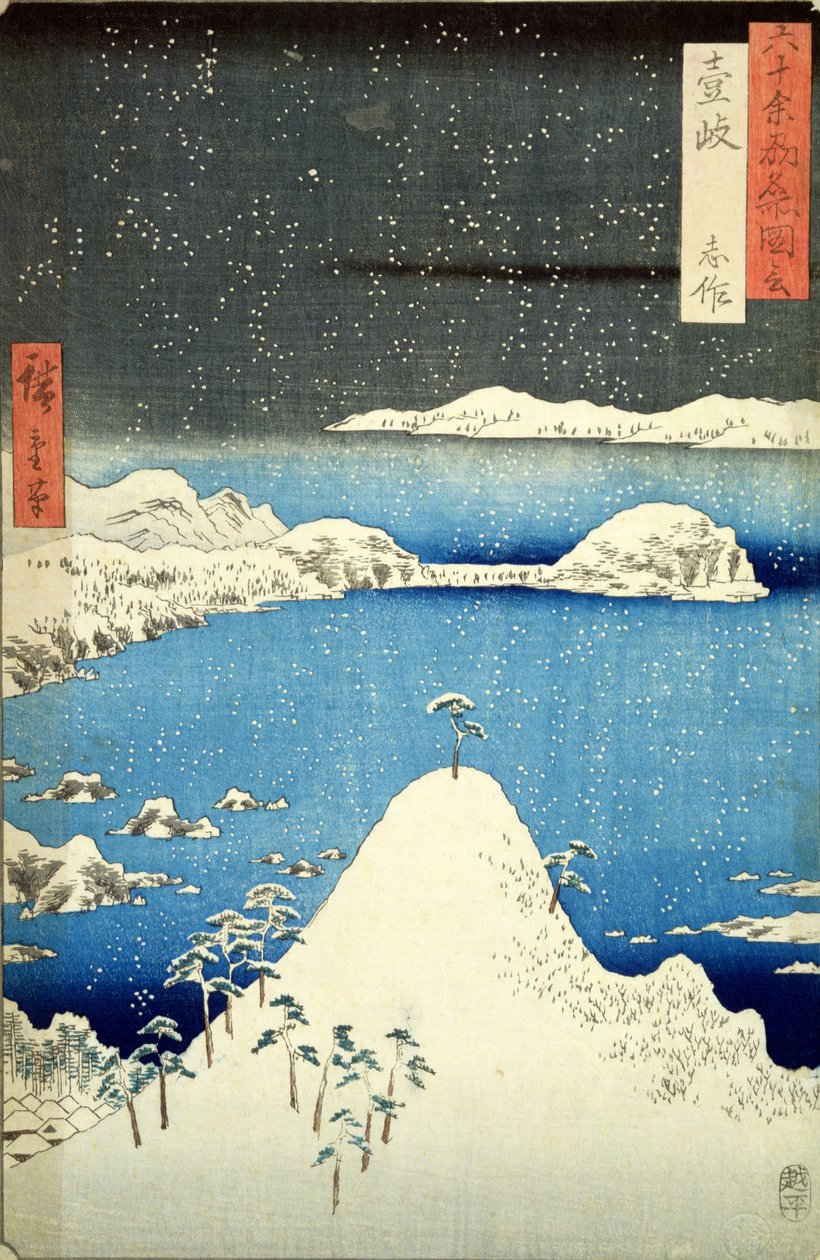 Sněhová bouře (barevný dřevotisk) od Utagawa Hiroshige