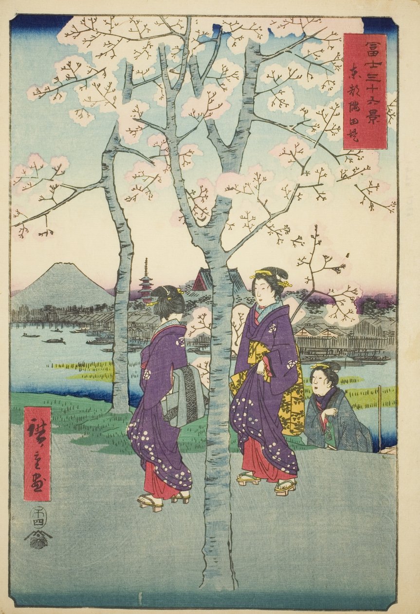 Nábřeží Sumida ve východním hlavním městě (Toto Sumida-zutsumi), ze série „Třicet šest pohledů na horu Fuji (Fuji sanjurokkei)“ od Utagawa Hiroshige